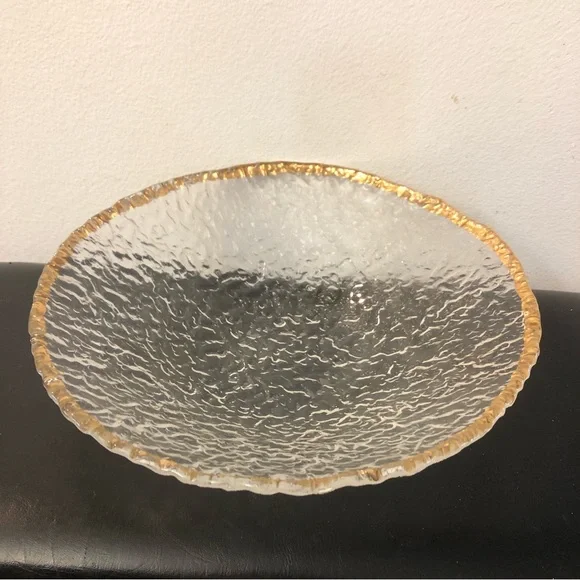 Mid Century Modern Large Glass Bowl with Gold Trim and Wavy Glass 1950s